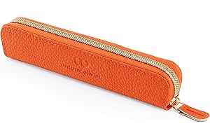 Antony Olivier Real Leather Pencil Case | Orange Pen Pouch with Zip | for Men, Women & Professionals | Cutest Slim Design Size Pouch for Stationery & Utensils