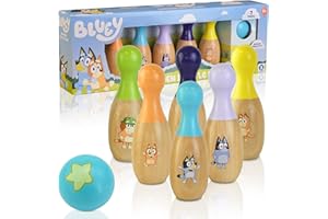 Bluey - Wooden Skittles Set - Indoor & Outdoor Bowling Game for Kids - 6 Character Pins & 1 Ball - Develops Motor Skills & Hand-Eye Coordination - FSC Certified, Ages 3+ (Classic)