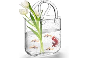 Noamus Glass Bag Vase, Unique Clear Purse Vase with Handle, 11 Inches Handbag Fish Bowl, Handmade Wide Mouth Bubble Vases, Floral Arrangement Vases for Garden Flowers, Wedding Centerpieces, Home Decor