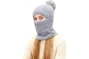 TAGVO Set Di Cappelli e Scaldacollo In Maglia Calda Invernale,Cappello Lavorato a Maglia Flessibile Con Palla Di Pelo,Fodera In Morbido Pile Spesso,Maschera Per Il Viso Regolabile Per Sport