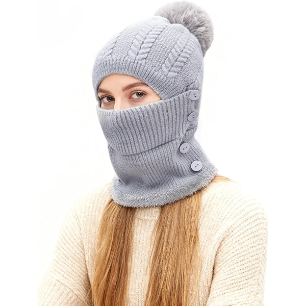 TAGVO Bivakmuts voor Vrouwen, Gebreide Fleece Capuchon, Wintermuts, Thermische Fleece Capuchon Met Haarbal, Winddichte Skimasker Voor Vrouwen