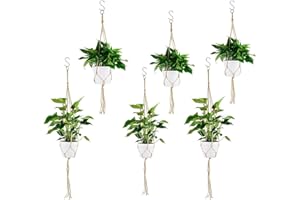 Herefun Suspension de Pot en Macramé 6 Pcs Suspension Plantes Macramé Support Pots Décoration Jardinage Fleurs avec 6 Crochets Suspendus en S pour Maison Intérieur Extérieur