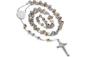 Flongo Collana Rosario da Uomo,Collane Novelty Y,Collana Catena Lunga con Pendente Croce Crocifisso,Rosario Cattolico con Medaglia Fatto a Mano,Regalo Natale