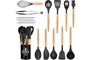 CHEERHOM Ustensiles de Cuisine Silicone, 24 Pièces, Set de Couverts de Cuisine, Antiadhésif, Set de Spatule en Silicone, Résistant à La Chaleur, Poignée en Bois, 12 Crochets en S,Louche,Lavable