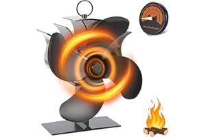 SUNJULY Ventola per Stufa a Legna, Ventola Stufa Legna con 4 Pale, Silenzioso Ventilatore per Camino, Senza Elettricità Alimentato Calore Ventola con Termometro per Legna Camino Pellet