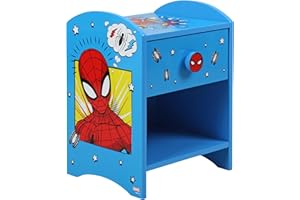 DISNEY Spider-Man Mesita de noche de madera resistente, diseño de 2 niveles, amplio almacenamiento, pequeña mesa auxiliar con cajón y estante de almacenamiento, para dormitorio infantil