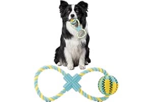 DEWEL Juguete para Perros, Juguete para Morder para Perro Durable Maticable Cuerda, Juguetes Interactivos para Perros Grandes Medianos y Pequeños Juguete con Pelota para Comida de Caucho 7 cm