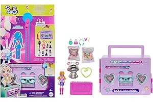 Polly Pocket Imprezowa moda Zestaw przenośny z niespodziankami, w tym lalka (7,5 cm), 16 akcesoriów i zabawa wodą, HRD65