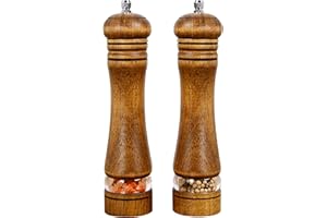 Haomacro Salt and Pepper Mills Set, Large Capacity Salt and Pepper Grinders, 8 inch Manual Wood, with Adjustable Coarseness(2 Pack)