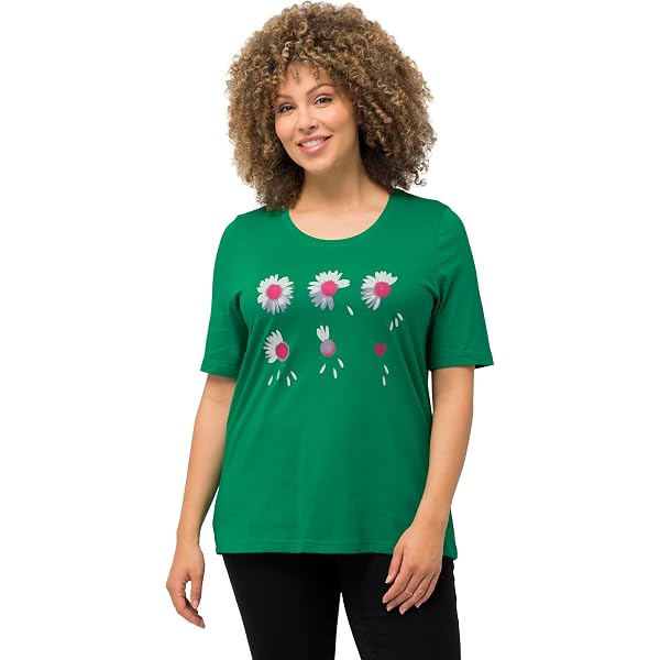 Ulla Popken Damen T-Shirt Übergröße – Floraler Druck, A-Linie, V-Ausschnitt, Halbarm Aus Baumwolle
