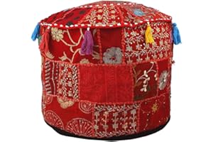 AAKRITI GALLERY Aakriti Indian Pouf Footstool with Embroidery Pouf, Indian Cotton, Pouf, Ottoman Pouf Cover with Ethnic Decor Art - Cover (Red, 56x35 cms)