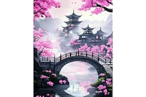 NEWENMO Arquitectura China Pintar por Numeros Kit,Flores de Cerezo Pintura por Numeros Adultos,DIY Paint by Numbers Kits,con Pinceles,Pigmento Acrílico,para Decoración de Hogar(40x50cm,Sin Marco)