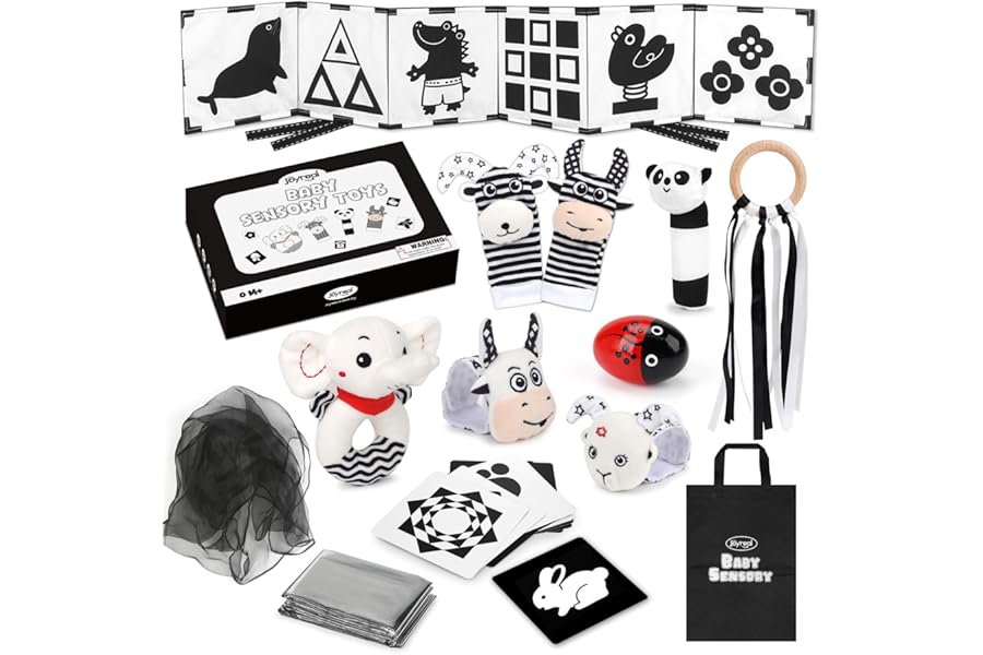 Joyreal Baby Sensory Toys, 13 Pcs Black and White Sensory Toys 0-6 Months, Foil Blanket, Sensory Cards, Baby Rattles, Ribbon Ring, Scarf, Maracas, Newborn Toys Sensory Box 0-3 Months Gifts
