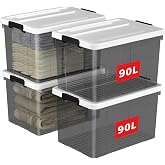 Cetomo 90L*4 Storage Box, Plastic Box with Lid and Secure Lock, Large Storage Container, Durable, Stackable, Heavy Duty, Tran
