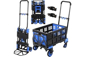 LIFERUN Diable et Chariot Plateforme 2-en-1 avec Boîte Pliante, 2 Tendeurs avec Crochets, Chariot de Transport Max 150 kg, Diable Max. 75 kg, Poignée Réglable sur 3 Niveaux, pour Transport, Shopping (Bleu)