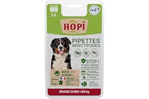 HOPI Pipette Anti Puces Chien Plus de 20 kg - 4 Mois de Protection - Idéal pour repousser Les Puces, Les Tiques et Les Moustiques - Extraits de Plantes - Fabriqué en France