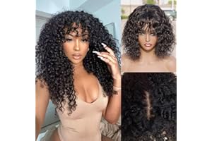 CLASSINE Parrucche Per Capelli Umani Curly Wig With Bangs Kinky Curly Human Hair Wig Glueless Human Hair None Lace Front Wigs for Women Parrucche Ricci Nera Corte Con Frangia 16 Inch