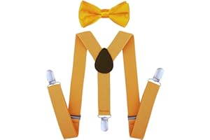 SunTrader Child Kids Clip-on Suspenders Elastic Y-Shape Adjustable with Clips and Bow Tie Set for Boys and Girls (Gold)
