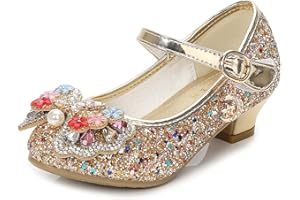 BININBOX Girls High Heels Glitter Sequins Children's Bow Princess Low-Top Student Performance Shoes