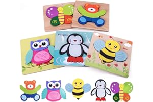 Highttoy Wooden Puzzles for 1 2 3 Year Olds,5 Pcs Jigsaw Puzzles for Toddlers Animal Shape Blocks Chunky Puzzles Montessori Wooden Toys Age 1-3 Early Eduactional Puzzle Toy Game for Boys Girls