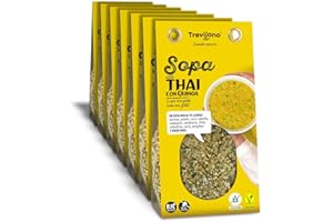 Sopa Thai Trevijano: 7 bolsas de 200g cada una. Cada bolsa contiene 8 raciones de sopa Thai, una mezcla de vegetales entre los que se encuentra el coco, el curry o la quinoa real.