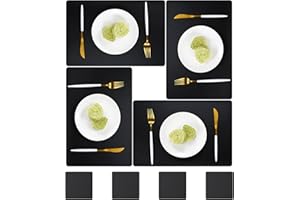BECHEN Vinyl Placemats and Coasters Set of 4,Washable Table Mats Easy to Clean Leater Placemats for Dining Table (Black)