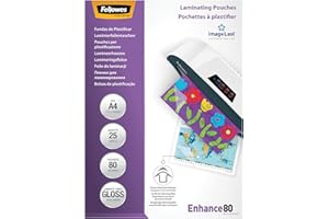 Fellowes Pochettes De Plastification A4 80 Microns Pack De 25 Feuilles Plastifieuse A4 Technologie ImageLast Finition Brillante Aspect Haute Qualité Pour Photos Et Affiches Enhance 80