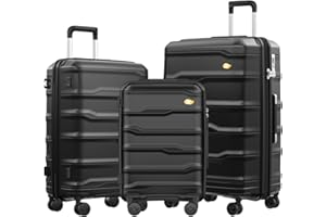 MGOB Koffer Set Polypropylen Hartschalen Reisekoffer Trolley Leicht mit TSA-Schloss 4 Rollen, Schwarz