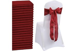 QeeFop 50 Stycken Vinröd Satin Skärp för Bröllop, Elastisk Stolskärp för Bröllopsdekoration, Födelsedag, Bankett, Fest (Vingu