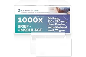FairToner Briefumschläge DIN lang ohne Fenster 75gsm (1.000 Stück) selbstklebend, 22 x 11 cm weiß