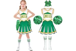 PIXUYE Déguisement Pompom Girl Uniforme de Pompom Girl Fille Costume de Pom-Pom Girl avec Pom Poms Chaussettes Deguisement Cheerleader pour Halloween Carnaval Mascarade, 4-14 ans