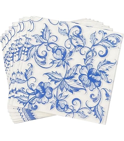 Tovaglioli di carta con fiori blu vintage, stoviglie usa e getta per