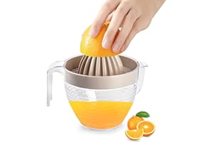 PLASTIFIC Presse-agrumes manuel en plastique pour agrumes, citrons, oranges et fruits pour citron vert, pastèque, fraise, myrtille, raisins (taupe, avec carafe transparente)