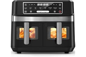 OQCSUAT Heißluftfritteuse 2 Kammern mit Sichtfenster, 10L XXL Kapazität Doppel-Airfryer, 8-in-1 Kochvorgaben, Touchscreen, Smart und Timer-Funktion, Gesunde Friteuse ohne Öl und fettarmes Kochen