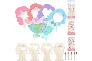 GAROMIA 12 Pièces Bricolage Miroir Sirène en Bois Bricolage Bois Enfant avec Pinceaux de Peinture Loisirs Créatifs Miroir Princesse Sirene pour Activité Manuelle Enfants Cadeau Fête Anniversaire