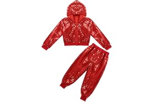 inlzdz Unisex Kinder Pailletten Tanzkleidung Set Langarm Glitzer Jacke mit Hip Hop Hose Glänzend Jazz Hip Hop Dancewear Performance Tanzkostüm
