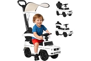 HOMCOM Porteur Enfants Voiture Enfant Multi-équipée 12-36 Mois klaxon Marche-Pieds, Garde-Corps et ombrelle Blanc