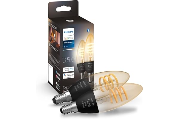 Hue White Ambiance filament glödlampa, E14, 2-pack | LED-lampa 4.6W, 350 lm, 2200-4500 K, Zigbee & Bluetooth, röststyrning med Amazon Alexa, Google Assistant och Siri