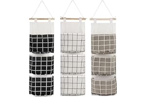 MERYSAN 3Pcs Wall Closet Hanging Storage Bag, Waterproof over the Door Linen Fabric Organizer, Stylish Hanging Storage Pouches with 3 Pockets for Bedroom Bathroom(Black/Gray/White)