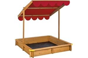 tectake® Sabbiera per bambini da esterno, Sabbionaia con tetto regolabile, tenda da sole orientabile, telone antierbacce, sandbox in legno massiccio, paraspigoli in plastica - 120x120x120 cm, Rosso