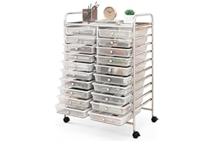 RELAX4LIFE 20 Drawer Rolling Storage Cart, Mobile Rolling Cart w/Drawers for School Classroom Teacher Office Home Salon, Paper File Art Supply Craft Organizer, Utility Cart on Wheels (Clear)