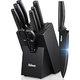 Yabano Kitchen Knife Set, 8 Piece Set with Block and Integrated Sharpener, Black Stainless Steel Knives, Anti-Rust and Dishwa