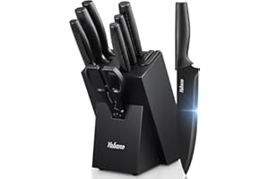 Yabano Knife Set with Block, 8 Piece Stainless Steel Kitchen Knife Set with Built-in Sharpener, Sharp Black Knives with Ergonomic Handle, Rust Resistant & Dishwasher Safe