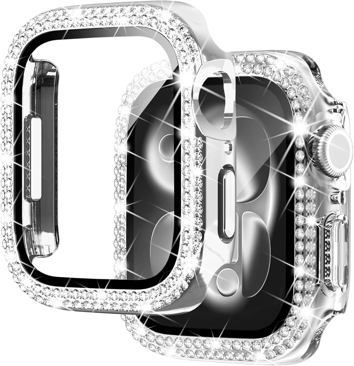 NewWays 2 Pack Compatible with Apple Watch Case 44mm Built-in Screen Protector,Women Diamond Bling Cases for iWatch Series SE(2025-2020) 6 5 4,Silver/Clear
