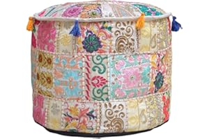 Aakriti Gallery - Copri pouf rotondo in stile etnico, rivestimento decorativo indiano ricamato in cotone per poggiapiedi, ottomano, beige, 56 x 35,6 cm