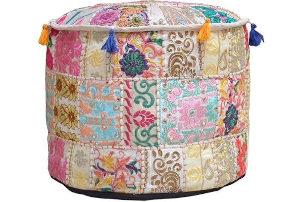 Aakriti galleri puff fotpall broderad puffskydd, indisk bomull rund puff ottoman puff överdrag kudde – endast överdrag (56 x 35 cm) (beige, 56 x 35 cm)
