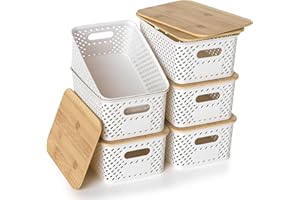 HapiLeap Plastic Storage Baskets With Bamboo Lid, Stackable Plastic Storage Boxes for Organizing Pantry Shelves Drawers Desktop Closet Playroom Classroom Office, 6 Pack (White)