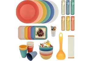 PIXESTT 69PCS Vaisselle Camping, Vaisselle Plastique Reutilisable Pour 6 Personnes Contient Une CuillèRe Et Une Planche à Découper Pliante, Kit Pique Nique 6 Couleurs Est Sans BPA.