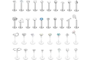 JeweBella 36Pièces 16G Piercing Tragus Helix Labret Lever Acier Chirurgical Piercing Oreille Cartilage pour Femme Homme CZ Opal Lune Coeur Labret Studs Boucles d'oreilles Medusa Piercing Nez Argent