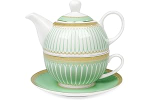 fanquare Teapot Cup and Saucer Set, British Afternoon Tea Set for One with Gold Trim, Porcelain Teapot for Adults Gift, Green Stripes
